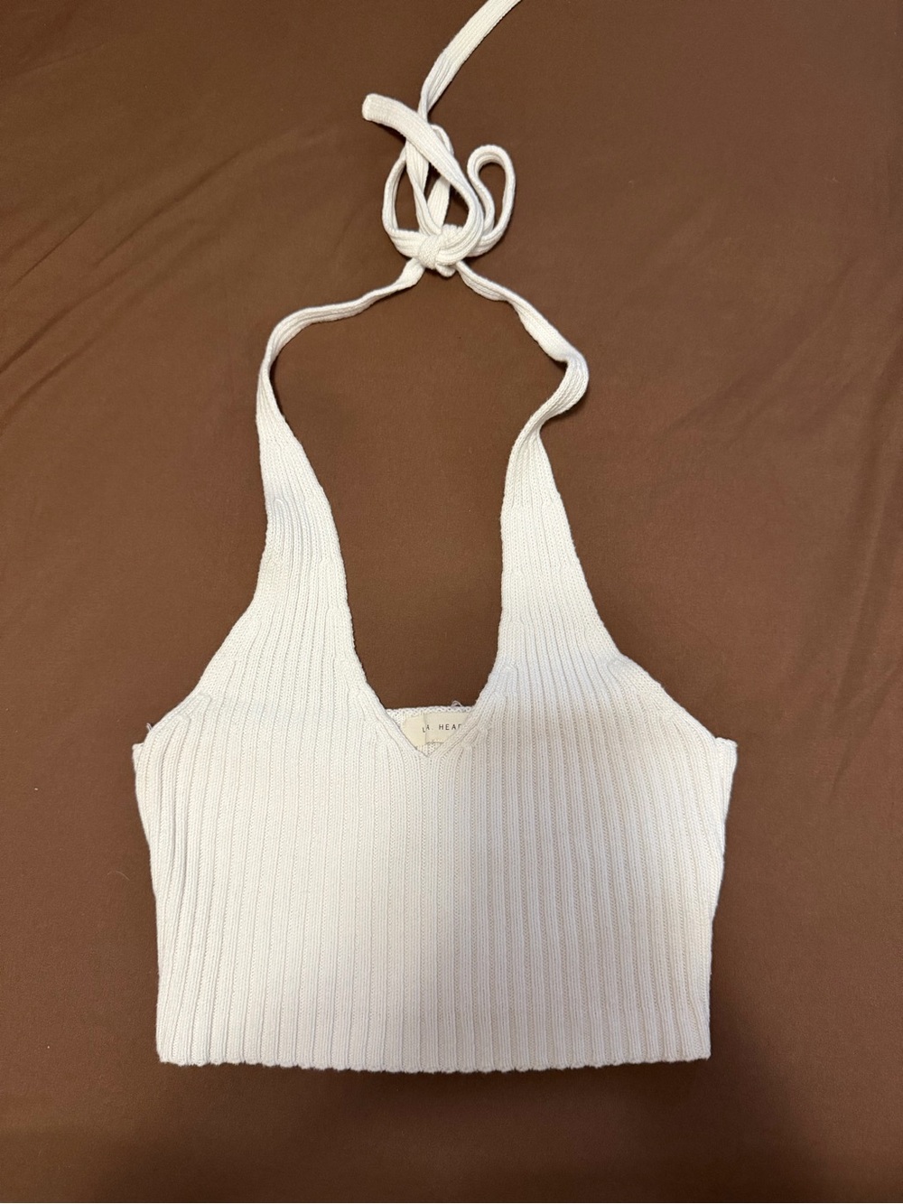La Hearts White Ribbed Halter Crop Top with Tie Straps